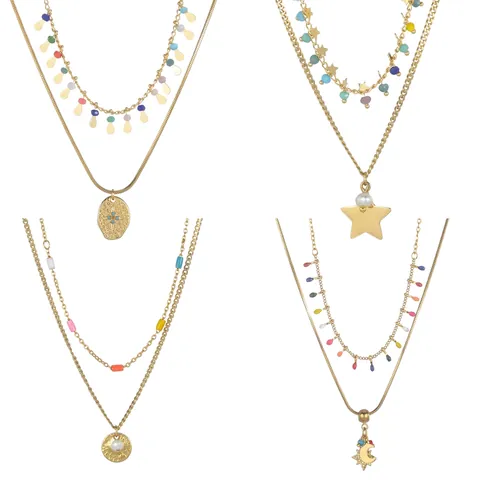 Collana Doppio Strato Orecchini Bracciale Acciaio Inossidabile 304 Placcato Oro Perle Colorate Stella Luna Geometrico