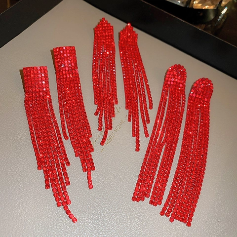 Rote Strass Quasten Hänger Ohrringe Für Damen Mit 925 Sterling Silber Ohrstecker Kupfer Luxus Lange Tropfen Schmuck