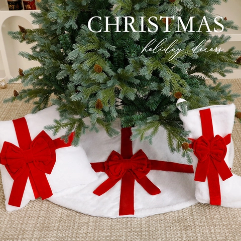 Christmas Stocking Throw Pillow Cover Tree Skirt Faux Fur Plush Large Red Bow Holiday Home Party Decor Nordic