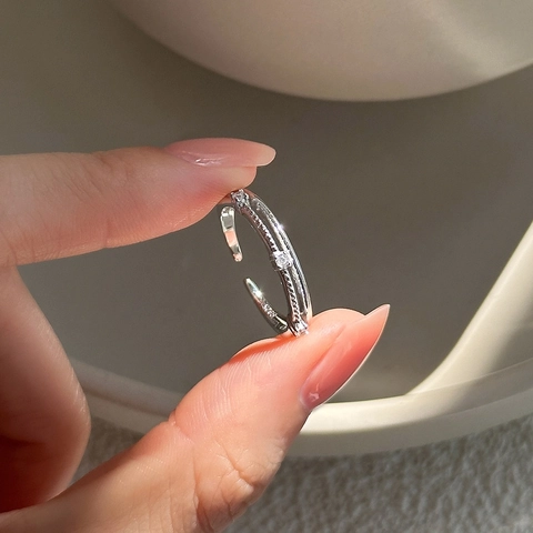 Anello Aperto a Doppio Strato in Argento Sterling 925 Minimalista per Donna Anello Regolabile con Intarsio in Zirconia Geometrico Impilabile