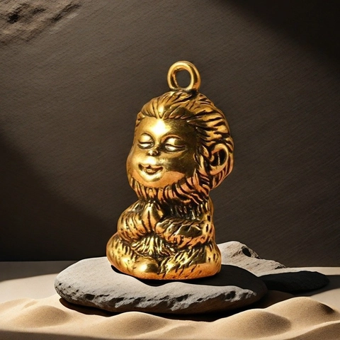 Portachiavi Scimmia Sun Wukong Ciondolo Meditazione Zen Posa Seduta Ottone Placcato Metallo Vintage Regalo Zodiaco