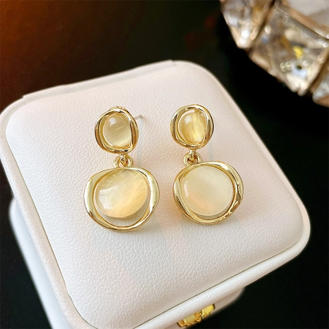 Geometric Round Cat Eye Stone Drop Earrings Copper With Silver Earring Post Elegant Minimalist High-End Jewelry Women