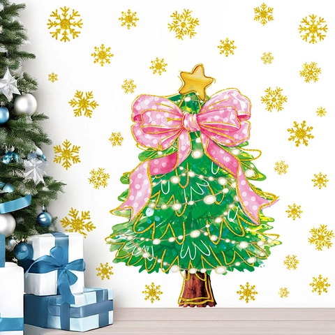 Rosa Schleife Weihnachtsbaum Wandtattoo Gold Schneeflocken PVC Selbstklebende Fenstersticker Für Zuhause Dekoration