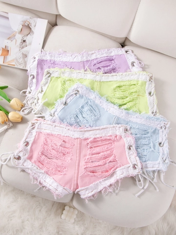 Pantaloncini Di Denim A Vita Bassa Strappati Effetto Consumato Stringati Lateralmente Sexy Night Club Hot Pants Donna