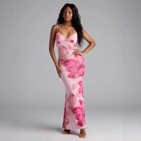 Vestito Lungo Sexy Con Spalline Sottili Scollo A V Stampa Floreale Senza Schiena Aderente Poliestere Elastan Moda Mare