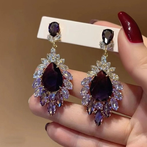 Purple Rhinestone Tassel Dangle Earrings Alloy Acrylic Vintage Luxury Sparkling Drop Jewelry With Silver Earring Post