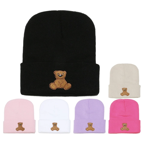 Bonnet En Tricot Avec Broderie Ours Bonnet À Revers Nervuré Hiver Chaud Doux Acrylique Pour Femmes Décontracté Mignon