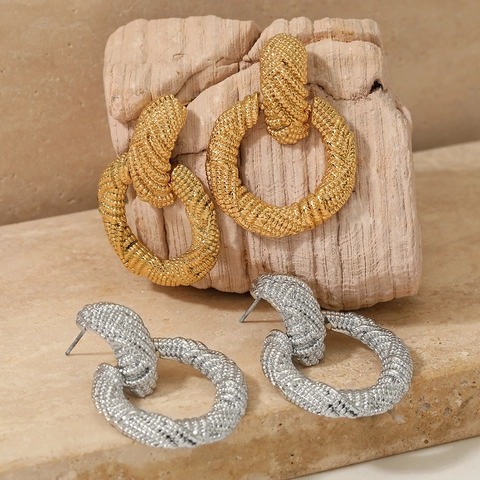 Pendientes De Aro Gruesos Acero Inoxidable Textura Cuerda Trenzada Geométricos Torcidos Joyería De Moda Para Mujer