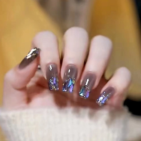 Glossy Aurora Glitter Press On Nails With Rhinestone Decoration Medium Square Gradient Grey Black For Women