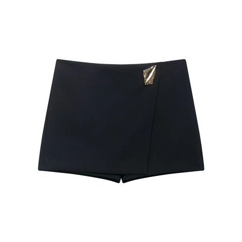 Falda Pantalón Asimétrica De Talle Alto Mujeres Poliéster Tejido Mini Shorts Cruzada Con Hebilla De Metal Dorado Irregular