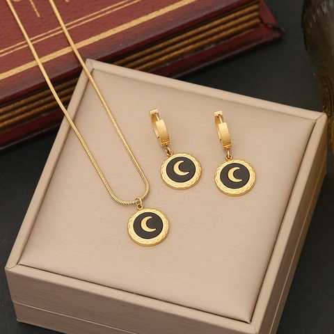 Collier Et Boucles D'oreilles Pendentif Croissant De Lune Acier Inoxydable Émail Charme Rond Chaîne Serpent Style Vintage Mode Femme