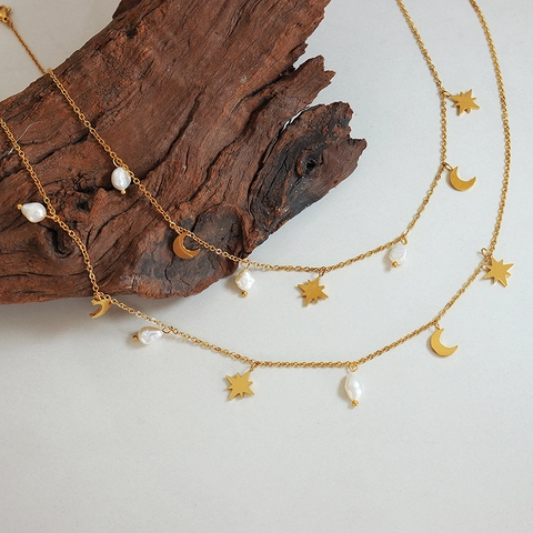 Collar Con Colgante De Estrella Y Luna De Acero Inoxidable Con Perla De Agua Dulce Cadena De Clavícula Para Mujer Joyería Elegante