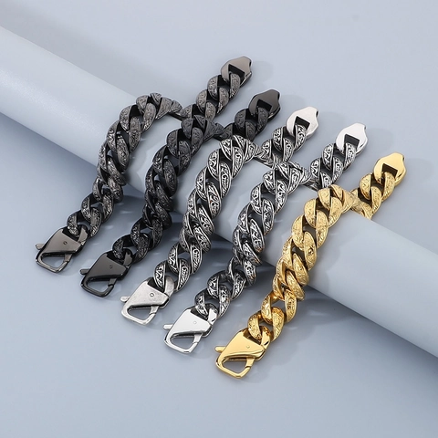 Pulsera Hombre Acero Inoxidable Cadena Cubana Retro Patrón De Vid Grabado Estilo Punk