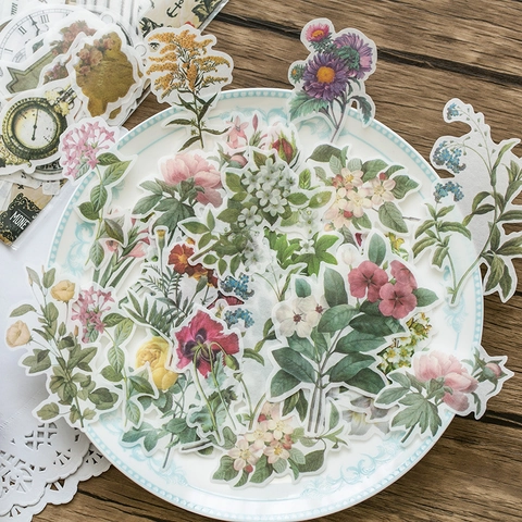 Vintage Washi Paper Stickers Retro Plant Floral Butterfly DIY Scrapbooking Journaling Decoration Aesthetic Decorative