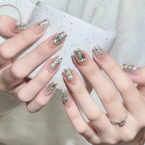 Long Coffin Press On Nails Pink Gradient Silver Glitter Rhinestone Artificial Pearl Sweet Style Artificial Fake Nails For Women