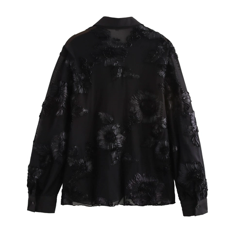 Chemisier En Maille Pour Femmes Broderie Florale 3D Manches Longues Élégant Chemise Transparente Mode Hauts À Col En V Noir