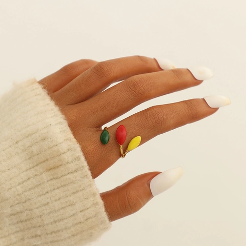 Ins-Stil Edelstahl Vergoldet Offener Verstellbarer Ring Blattform Farbenfrohes Emaille Tropföl Fingerring Für Damen Mode Schmuck Geschenk