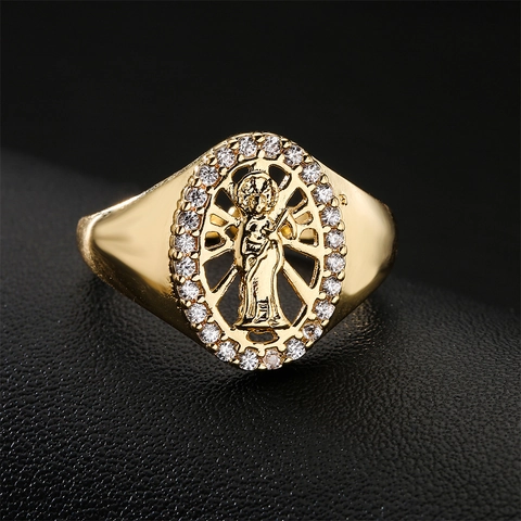 Jungfrau Maria Saint Jude Religiöser Offener Ring Gold Vergoldet Kupfer Zirkon Retro Hohler Schmuck Für Damen Herren
