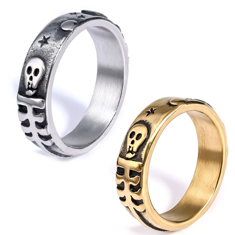 Totenkopf Skelett Ring Edelstahl Geprägt Stern Mond Vintage Gothic Punk Rock Herren Schmuck