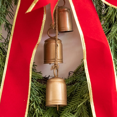 Corona Di Natale Con Fiocco In Velluto Rosso E Campane Di Metallo Ghirlanda Di Aghi Di Pino Artificiale Decorazione Vintage