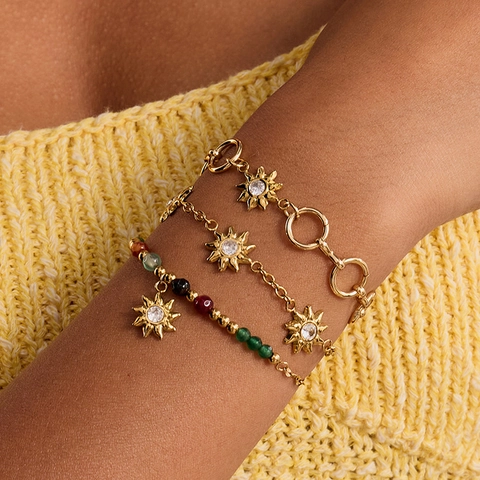Sun Moon Pendant Bracelet 18K Gold Plated Stainless Steel With Zircon And Colorful Beads Bohemian Fashion For Women