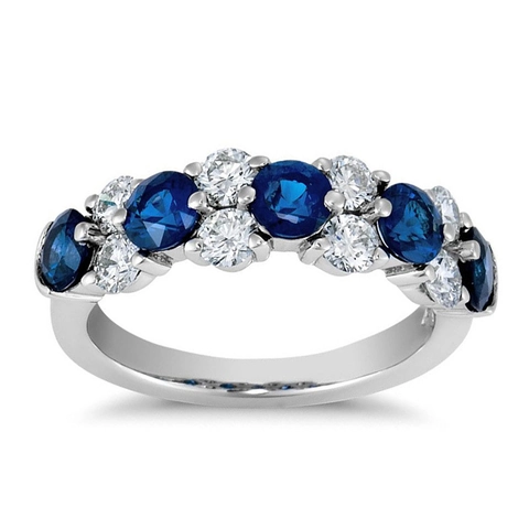 Copper Ring With Blue Round Zircon And White Stones Half Eternity Band Geometric Lava Design Jewelry For Women