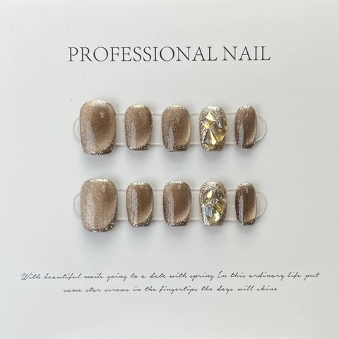 Handmade Cat Eye Press On Nails Crystal Rhinestone Sparkling Champagne Coffee Elegant Luxury Glossy Glue On Fake Nails