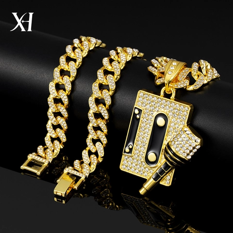 Hip Hop Microphone Cassette Tape Pendant Necklace Zinc Alloy Rhinestone Cuban Chain Retro Streetwear For Men Women