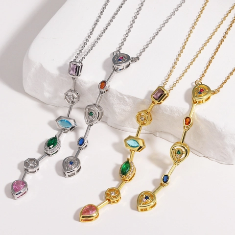 Elegante Collar Con Colgante De Piedras Preciosas Geométricas De Colores Para Mujer Aleación Cadena Larga Circón Corazón Gota Cuadrado