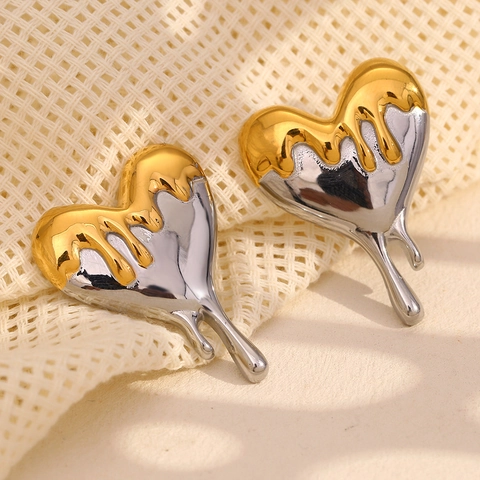 Molten Herz Ohrstecker Edelstahl 18K Vergoldet Flüssigmetall Bi-Color Tropfen Geometrischer Schmuck Für Damen