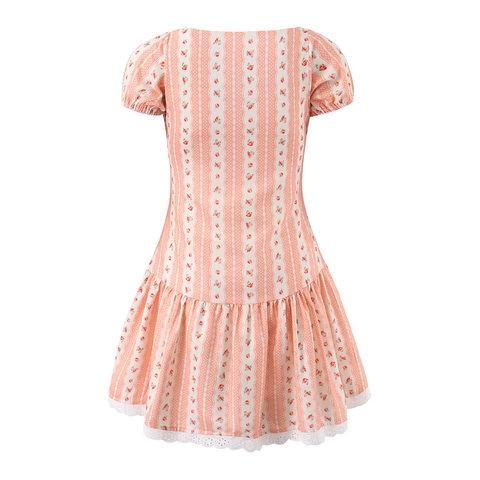Vestito Mini Floreale Maniche a Sbuffo Allacciatura Collo Quadrato Orlo a Volant Retro Dolce Francese Estate