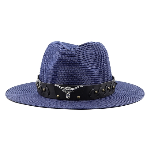 Western Cowboy Fedora Straw Hat With Bull Head Metal Ornament Leather Band Sun Protection Breathable Summer Beach