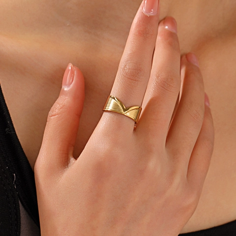 V-Shaped Ring Stainless Steel 18K Gold Plated Adjustable Open Finger Ring Geometric Textured Retro Style Jewelry For Women