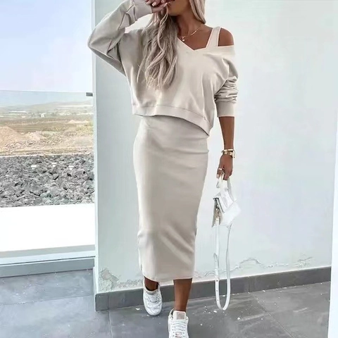 Women Two-Piece Knit Outfit V-Neck Long Sleeve Top And Bodycon Midi Skirt Elegant Casual Solid Color Spring Autumn Clothing