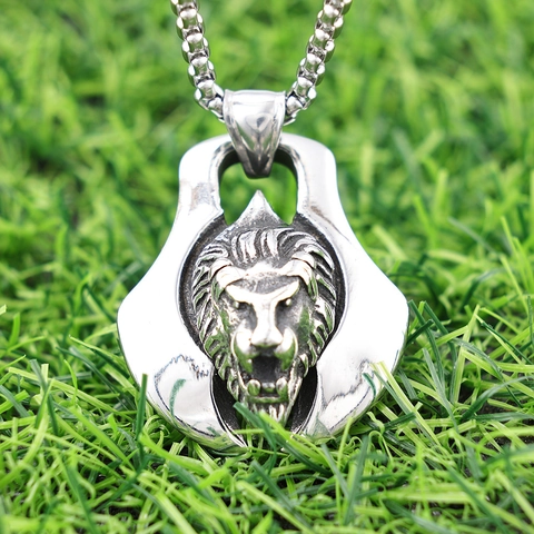 Lion Head Pendant Necklace Stainless Steel Retro Punk Gothic Polished Jewelry For Men