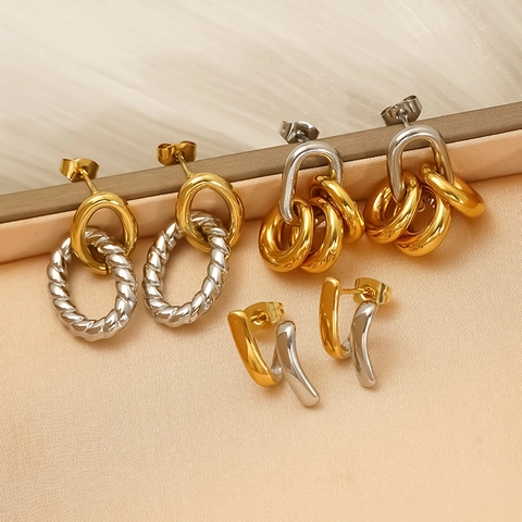 Two Tone Geometric Hoop Earrings 304 Stainless Steel 18K Gold Plated Twisted Chain Design Waterproof Hypoallergenic Jewelry Women