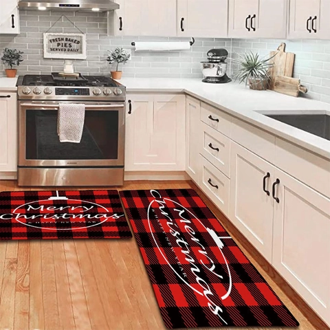 Kerst Keukenmat Flanel Absorberend Antislip Tapijt Buffalo Plaid Kabouter Rendier Vrachtwagen Feestelijke Decoratie