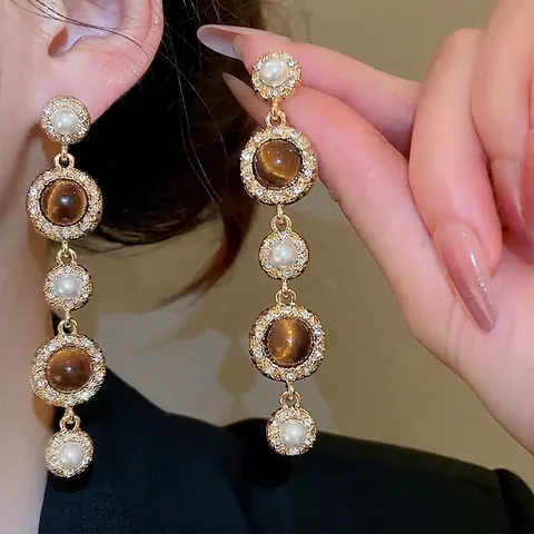 Pendientes De Borla Estilo Palacio Vintage Con Resina Ojo De Tigre Perla Artificial Sintética Y Poste De Pendiente De Plata