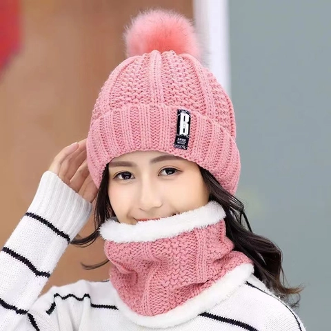 Women Winter Knit Beanie Hat And Neck Warmer Scarf Thick Fleece Lined Warm Outdoor Pom Pom Cap With Letter Patch