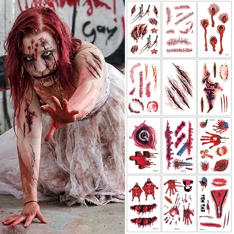 Halloween Temporäre Tattoo Aufkleber Realistische Blutige Narben Genähte Wunden Spinnen Fledermäuse Wasserdicht Körperkunst Cosplay