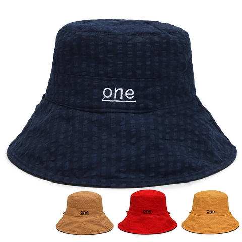 Cotton Seersucker Reversible Bucket Hat Wide Brim Sun Protection Embroidery Letter One Casual Summer Outdoor Sun Hat