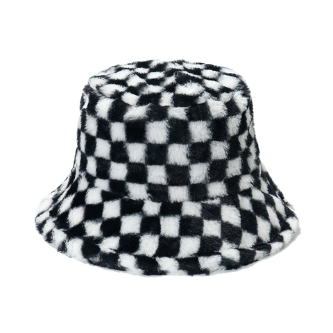 Checkerboard Pattern Plush Bucket Hat Warm Faux Fur Winter Sun Basin Cap For Women Fashion Casual