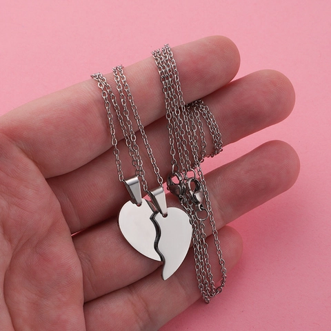 Puzzle Heart Pendant Necklace Polished Stainless Steel Jewelry Gift For Couple Best Friend Romantic Simple Style