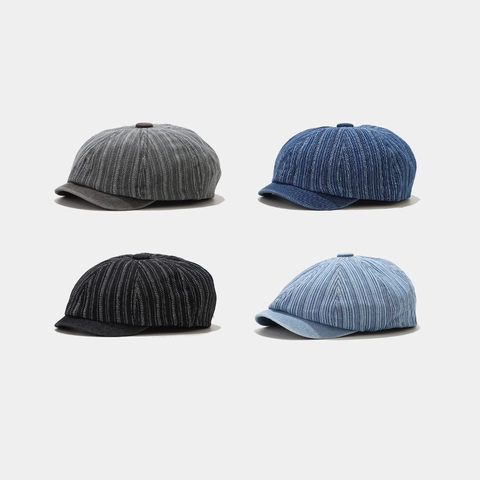 Casquette Newsboy En Denim Lavé Rétro À Rayures Chapeau Octogonal 100% Coton Style Britannique Casquette Peintre Femme