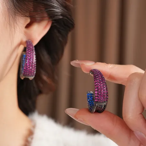 Vintage C Form Creolen Pave Zirkon Lila Blau Zweifarbig Kupfer Schmuck Mit Silver Earring Post Retro Für Damen