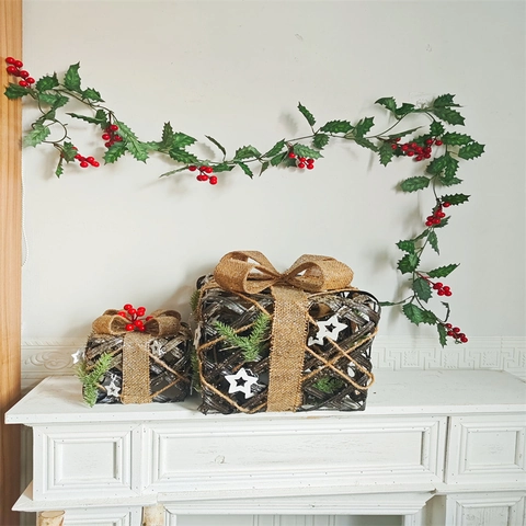 Artificial Christmas Rattan Garland Red Berries Green Leaves Gift Box LED Lights For Home Wall Hanging Festive Decor
