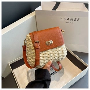 Borsa Paglia Intrecciata A Mano Patta Pelle PU Borsa Tracolla Estate Spiaggia Moda Piccola Borsa Quadrata Donna Chiusura