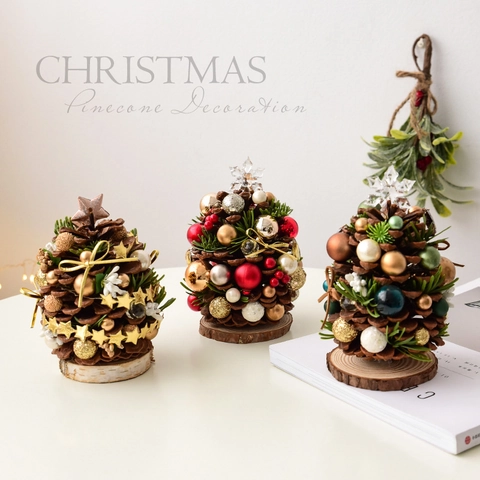 Mini Sapin De Noël Pomme De Pin Naturelle Ornement De Bureau Base En Bois Décoration De Table Pour Fête Maison Bureau