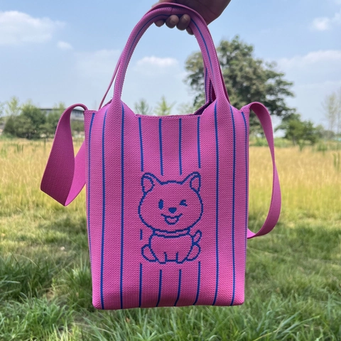 Borsa Tote Maglia Righe Cane Cartone Animato Grande Capacità Borsa Tracolla Versatile Moda Casuale Donne Studenti