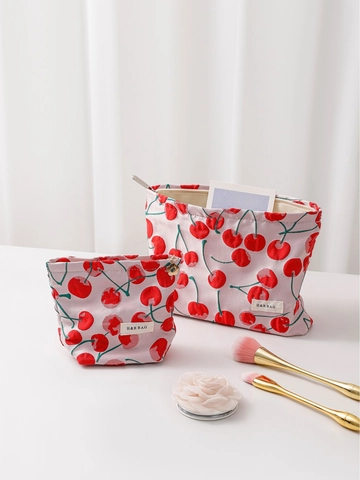 Cherry Print Canvas Makeup Bag Portable Cosmetic Pouch Zipper Storage Case Flower Puller Travel Organizer For Women